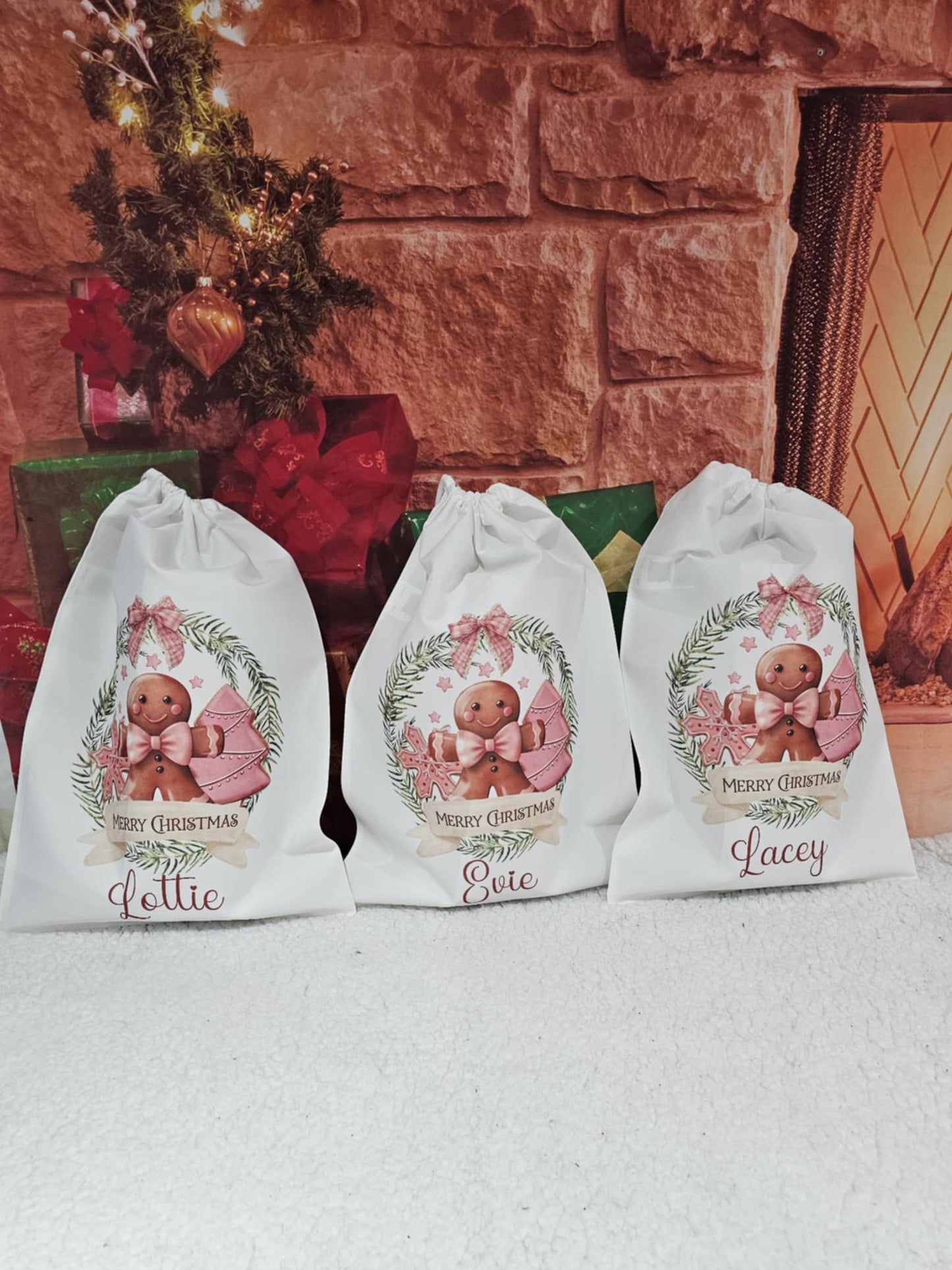 Personalised Christmas Pink Gingerbread Wreath Christmas Eve Sack