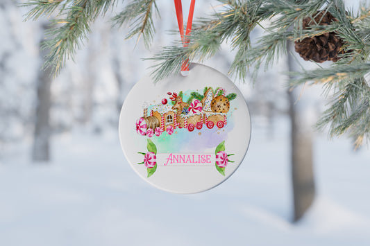 Personalised Pink Train Ceramic Bauble Christmas Tree Decoration