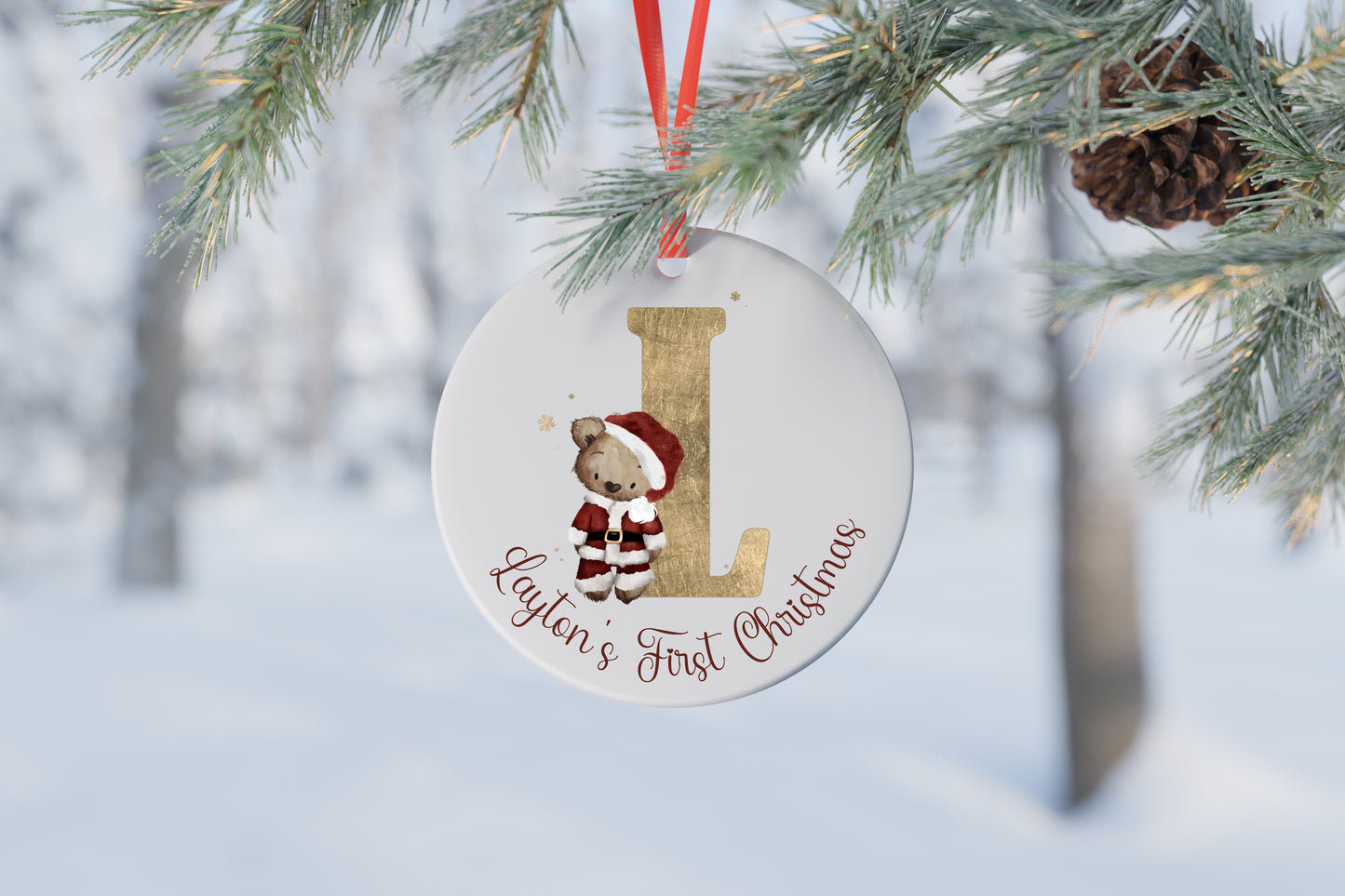 Personalised Santa Bear First Christmas Ceramic Bauble Christmas Tree Decoration